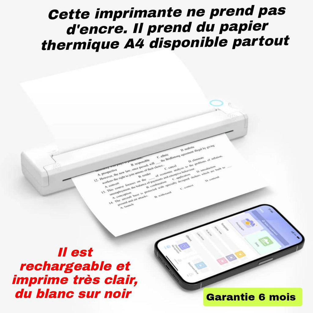 IMPRIMANTE SANS ANCRE A PAPIER THERMIQUE A4 PORTATIFS (Papier thermique offert)